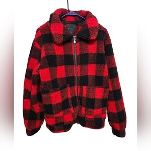 Elidie Oversized Plaid Teddy Zip Up Jacket Warm Cozy Fleece Coat Sz XS 21" PTP